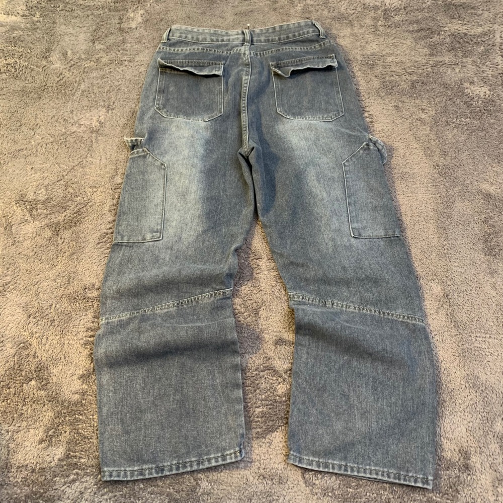 Fashion‎ Jeans Blue Cargo Denim Pants Red Trim Wide Leg tagged L 31 waist